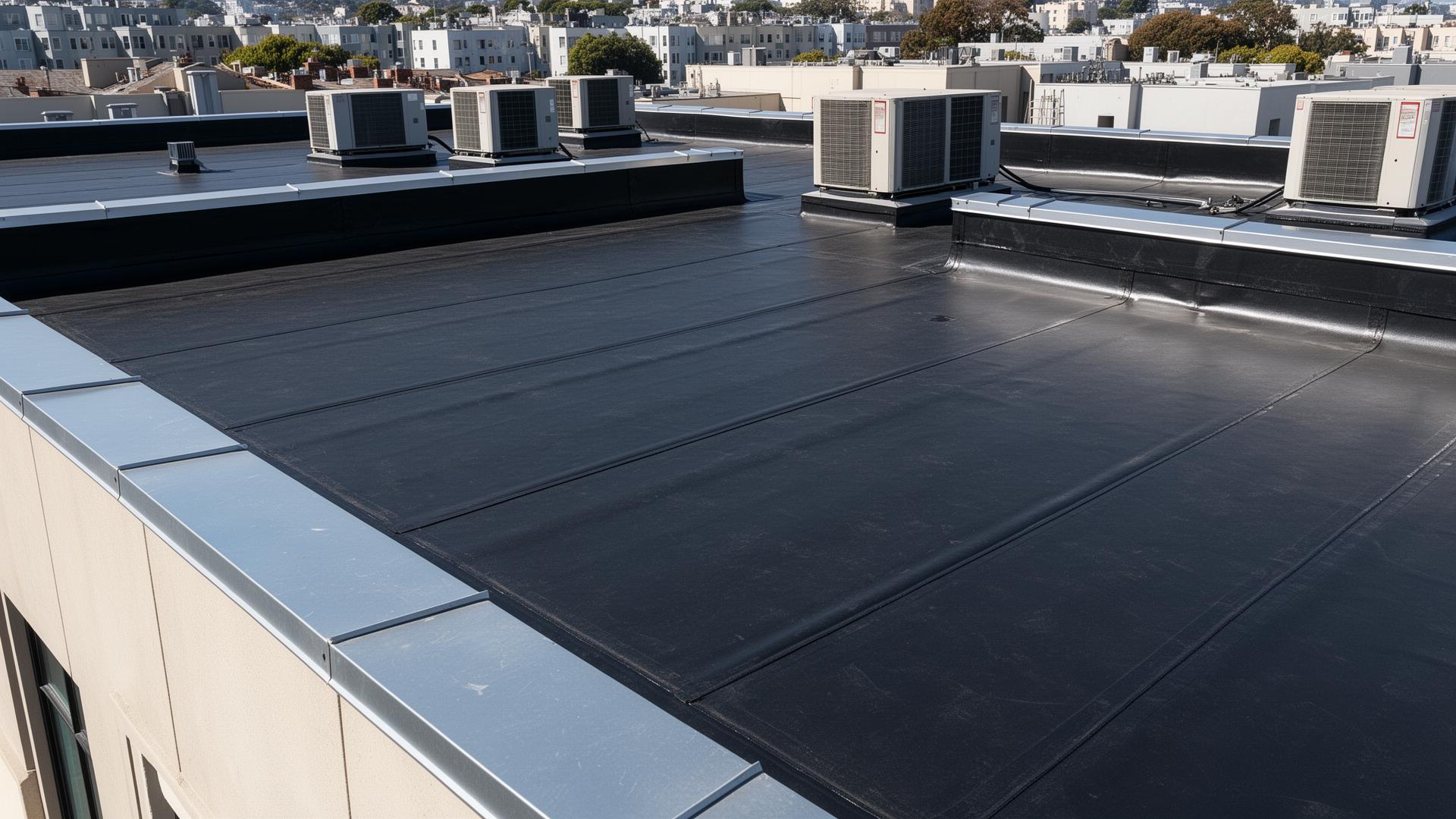 New TPO membrane flat roof on an SF commercial building